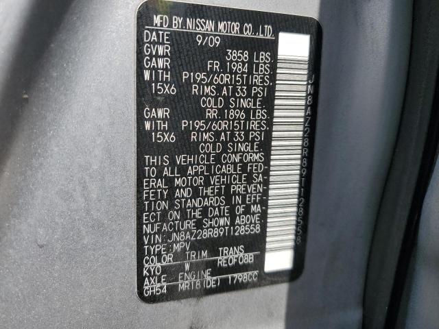 JN8AZ28R89T128558 - 2009 NISSAN CUBE BASE SILVER photo 12