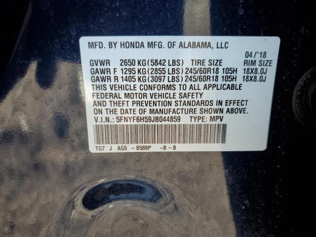 5FNYF6H59JB044859 - 2018 HONDA PILOT EXL BLUE photo 12