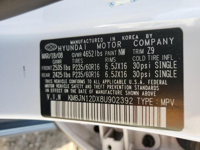 KM8JN12DX8U902392 - 2008 HYUNDAI TUCSON SE WHITE photo 12