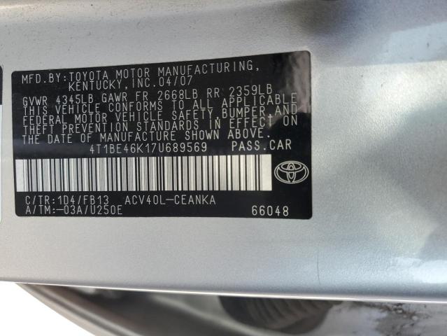 4T1BE46K17U689569 - 2007 TOYOTA CAMRY CE SILVER photo 13