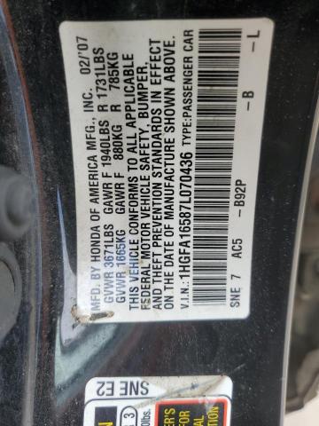 1HGFA16587L070436 - 2007 HONDA CIVIC LX BLACK photo 12