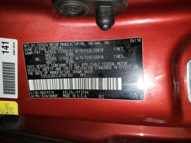 5TDJZ3DC2JS197302 - 2018 TOYOTA SIENNA LE RED photo 14