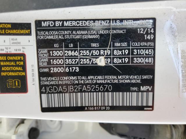 4JGDA5JB2FA525670 - 2015 MERCEDES-BENZ ML 350 WHITE photo 13