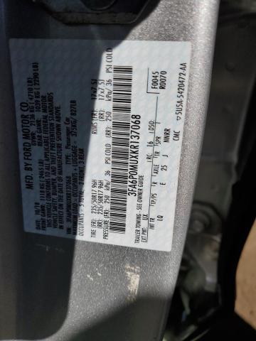 3FA6P0MUXKR137068 - 2019 FORD FUSION SEL SILVER photo 12