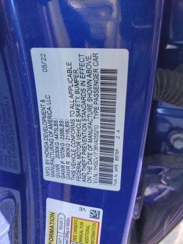 1HGCV1F38NA055210 - 2022 HONDA ACCORD SPORT BLUE photo 12