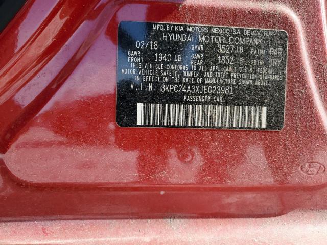 3KPC24A3XJE023981 - 2018 HYUNDAI ACCENT SE RED photo 12