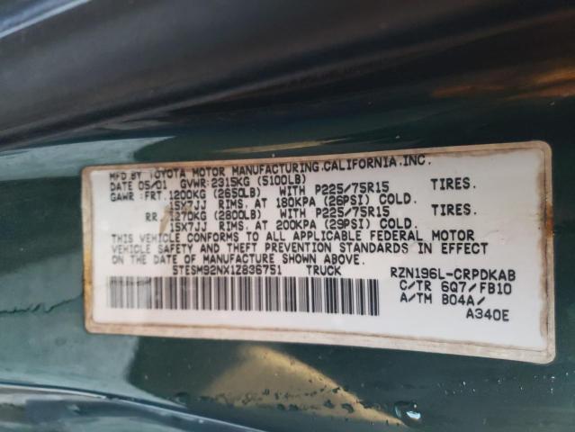 5TESM92NX1Z836751 - 2001 TOYOTA TACOMA XTRACAB PRERUNNER მწვანე ფოტო 13