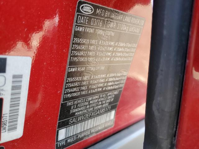 SALWV2EFXGA585171 - 2016 LAND ROVER RANGE ROVE AUTOBIOGRAPHY RED photo 13