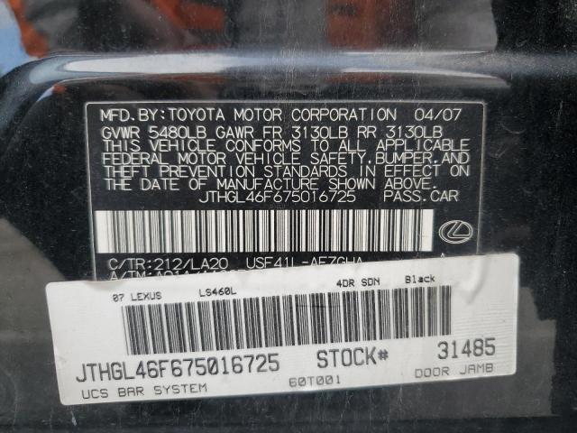 JTHGL46F675016725 - 2007 LEXUS LS 460L BLACK photo 12