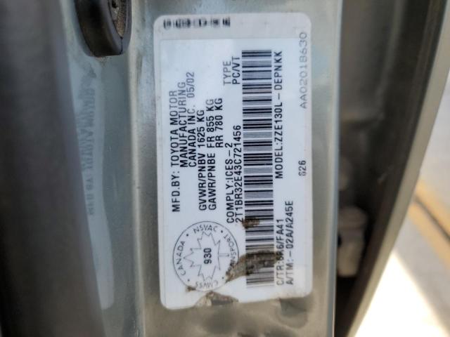 2T1BR32E43C721456 - 2003 TOYOTA COROLLA CE GRAY photo 12