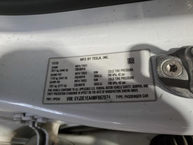 5YJ3E1EA4MF867074 - 2021 TESLA MODEL 3 WHITE photo 12