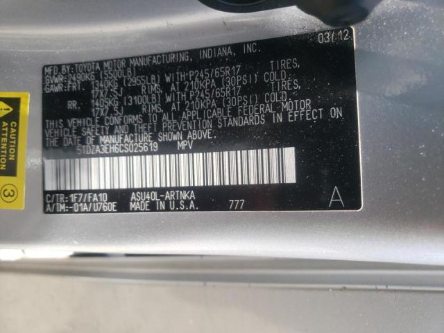 5TDZA3EH6CS025619 - 2012 TOYOTA HIGHLANDER BASE Argent photo 10