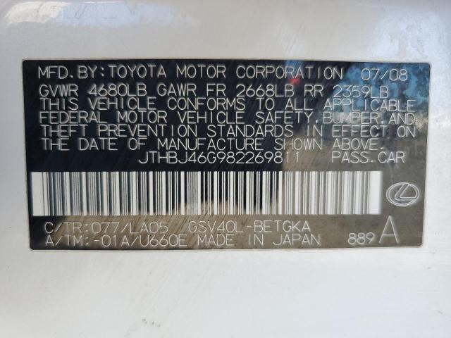 JTHBJ46G982269811 - 2008 LEXUS ES 350 WHITE photo 12