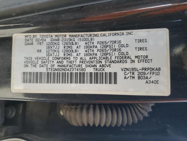 5TEGN92N04Z374580 - 2004 TOYOTA TACOMA DOUBLE CAB PRERUNNER BLACK photo 12