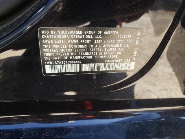 1VWLA7A30KC004687 - 2019 VOLKSWAGEN PASSAT WOLFSBURG 黑色 照片 12