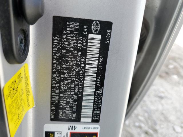 4T4BF3EK1BR216682 - 2011 TOYOTA CAMRY BASE SILVER photo 12