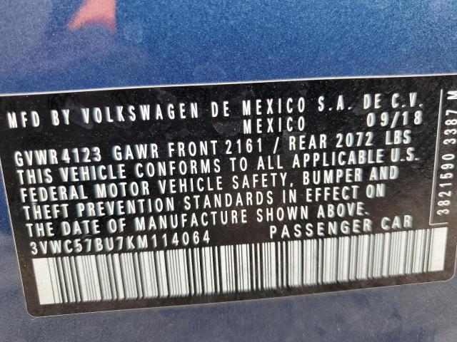 3VWC57BU7KM114064 - 2019 VOLKSWAGEN JETTA S BLUE photo 12