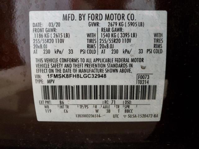 1FMSK8FH8LGC32948 - 2020 FORD EXPLORER LIMITED BURGUNDY photo 13