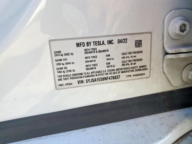 5YJSA1E59NF476837 - 2022 TESLA MODEL S Սպիտակ լուսանկար 12