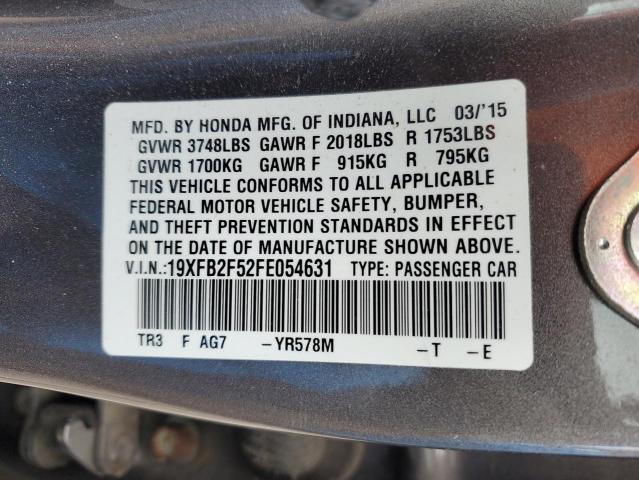 19XFB2F52FE054631 - 2015 HONDA CIVIC LX GRAY photo 12