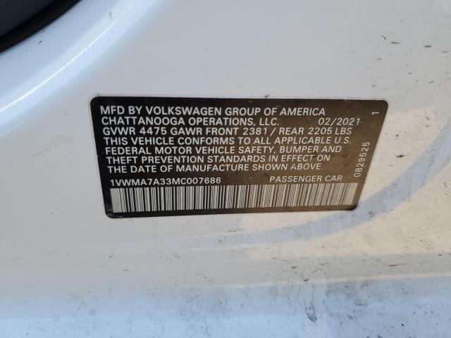 1VWMA7A33MC007686 - 2021 VOLKSWAGEN PASSAT R-LINE Ақ фото 13