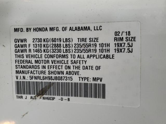 5FNRL6H98JB087315 - 2018 HONDA ODYSSEY ELITE Blanco foto 14