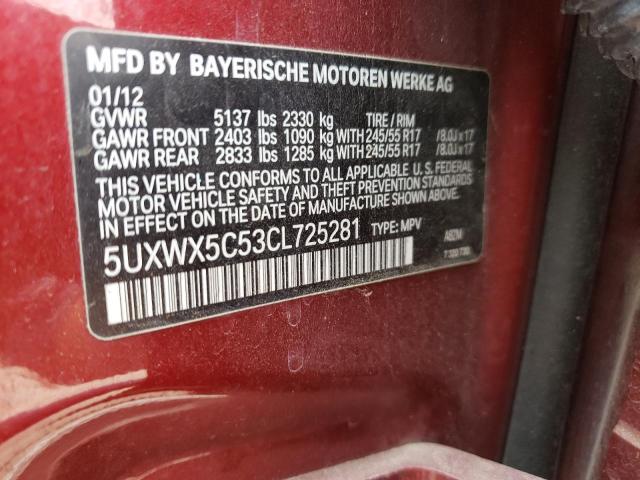 5UXWX5C53CL725281 - 2012 BMW X3 XDRIVE28I BURGUNDY photo 13