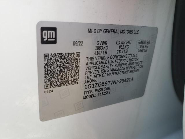 1G1ZG5ST7NF204914 - 2022 CHEVROLET MALIBU RS 白色 照片 12