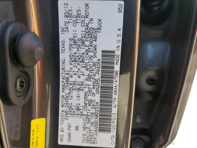 5TFJU4GN9CX022334 - 2012 TOYOTA TACOMA DOUBLE CAB PRERUNNER CHARCOAL photo 12