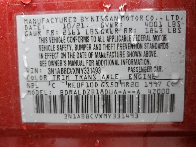 3N1AB8CVXMY331493 - 2021 NISSAN SENTRA SV RED photo 12