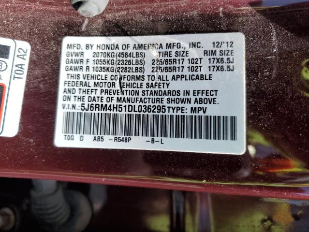 5J6RM4H51DL036295 - 2013 HONDA CR-V EX BURGUNDY photo 13