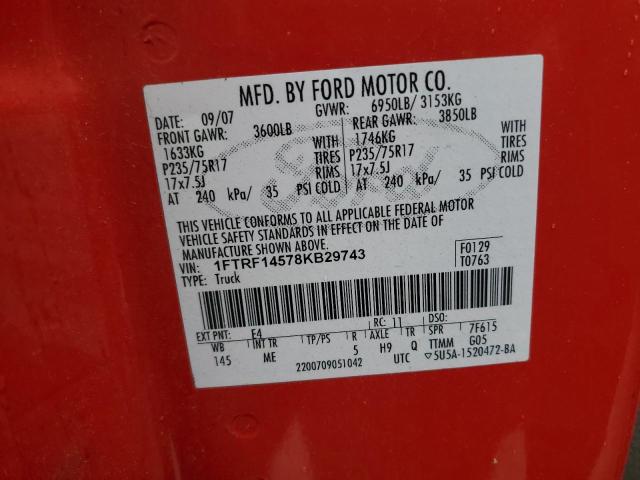 1FTRF14578KB29743 - 2008 FORD F150 RED photo 12