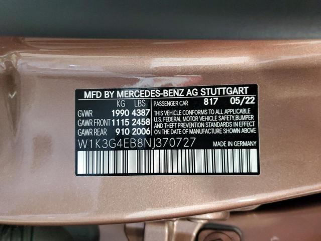 W1K3G4EB8NJ370727 - 2022 MERCEDES-BENZ A 220 BROWN photo 12