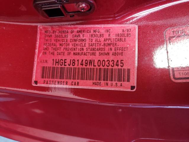 1HGEJ8149WL003345 - 1998 HONDA CIVIC EX RED photo 12