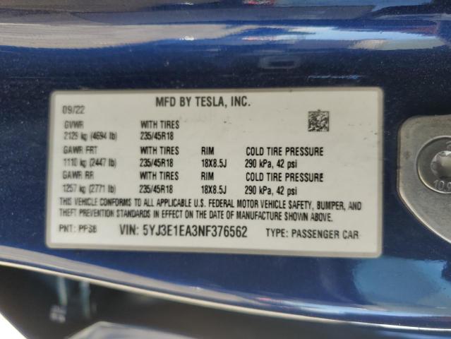 5YJ3E1EA3NF376562 - 2022 TESLA MODEL 3 BLUE photo 12