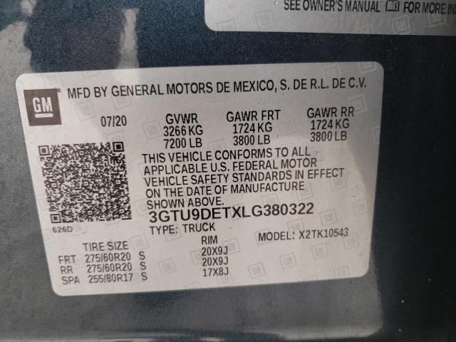 3GTU9DETXLG380322 - 2020 GMC SIERRA K1500 SLT BLUE photo 12