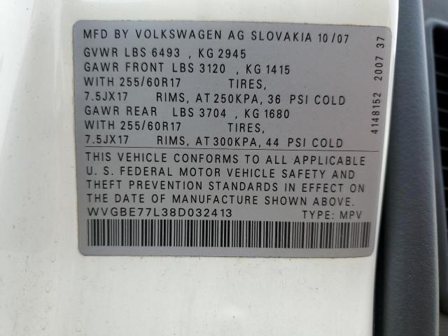 WVGBE77L38D032413 - 2008 VOLKSWAGEN TOUAREG 2 V6 WHITE photo 13