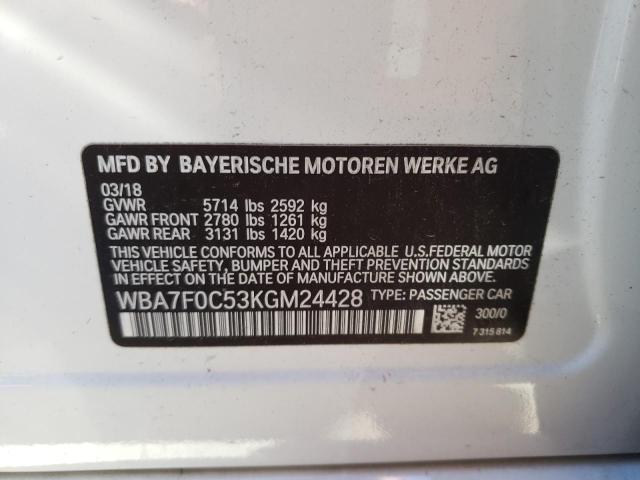 WBA7F0C53KGM24428 - 2019 BMW 750 I WHITE photo 12