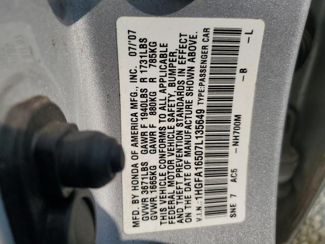 1HGFA16507L135649 - 2007 HONDA CIVIC LX SILVER photo 12