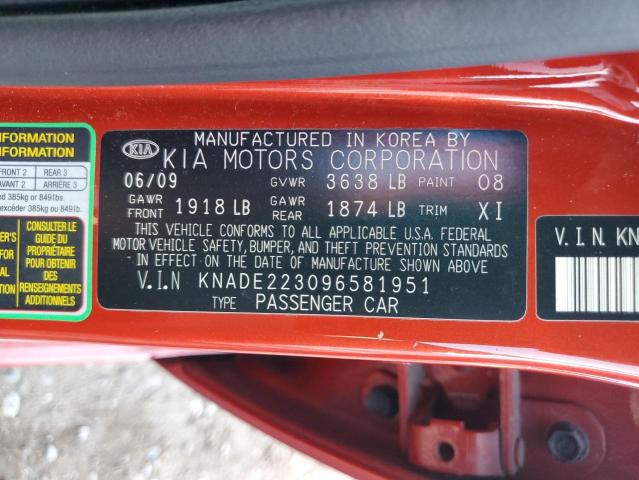 KNADE223096581951 - 2009 KIA RIO BASE RED photo 12