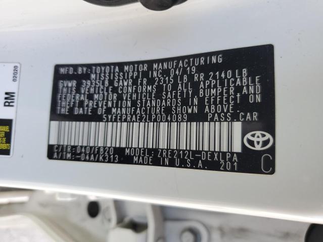 5YFEPRAE2LP004089 - 2020 TOYOTA COROLLA LE WHITE photo 12