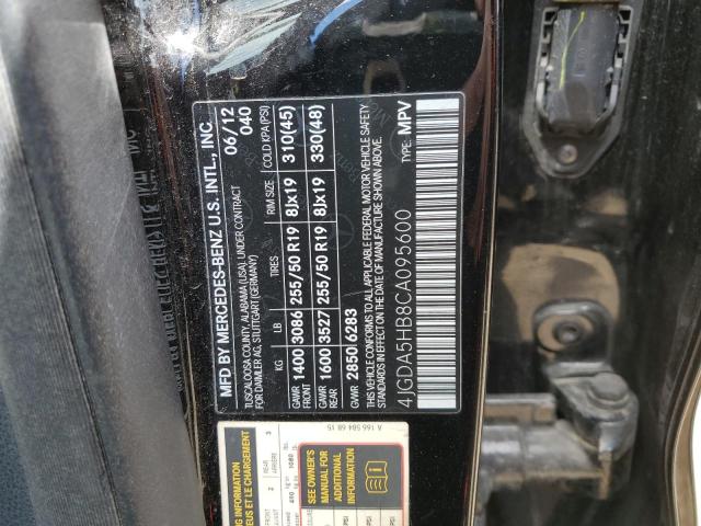 4JGDA5HB8CA095600 - 2012 MERCEDES-BENZ ML 350 4MATIC BLACK photo 12