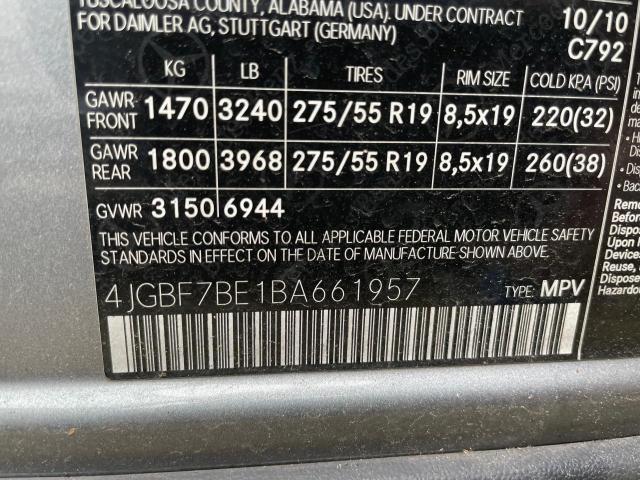 4JGBF7BE1BA661957 - 2011 MERCEDES-BENZ GL 450 4MATIC SILVER photo 10