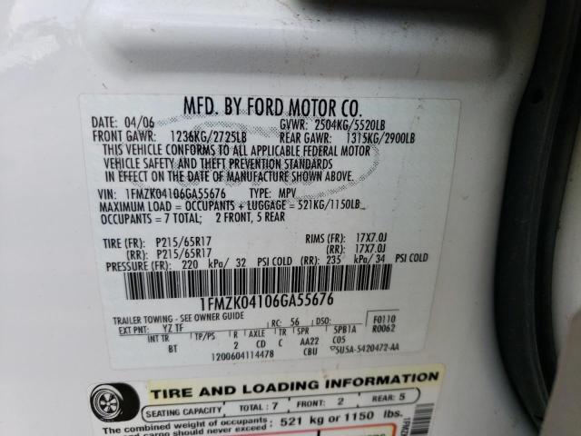 1FMZK04106GA55676 - 2006 FORD FREESTYLE SE WHITE photo 12