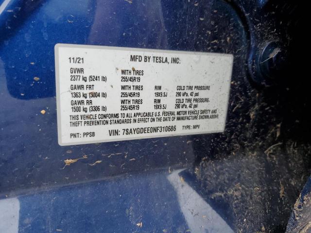 7SAYGDEE0NF310686 - 2022 TESLA MODEL Y BLUE photo 13