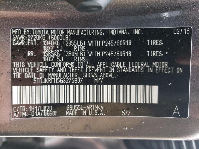 5TDJKRFH5GS275807 - 2016 TOYOTA HIGHLANDER XLE GRAY photo 13