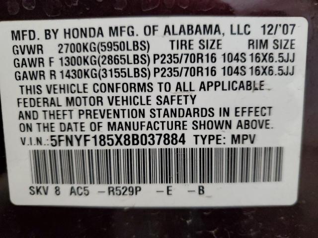 5FNYF185X8B037884 - 2008 HONDA PILOT EXL BURGUNDY photo 14