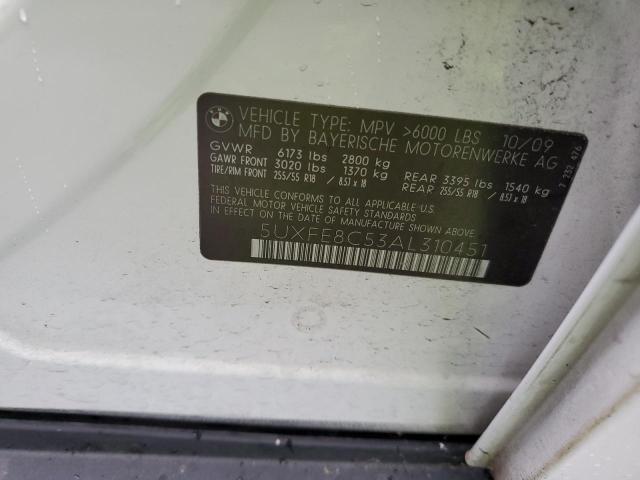 5UXFE8C53AL310451 - 2010 BMW X5 XDRIVE48I WHITE photo 12