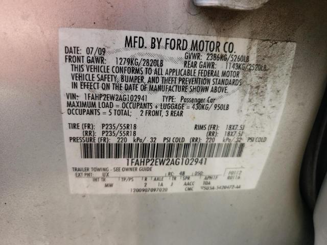 1FAHP2EW2AG102941 - 2010 FORD TAURUS SEL SILVER photo 10