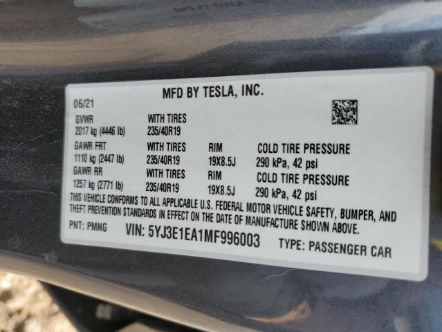 5YJ3E1EA1MF996003 - 2021 TESLA MODEL 3 CHARCOAL photo 12